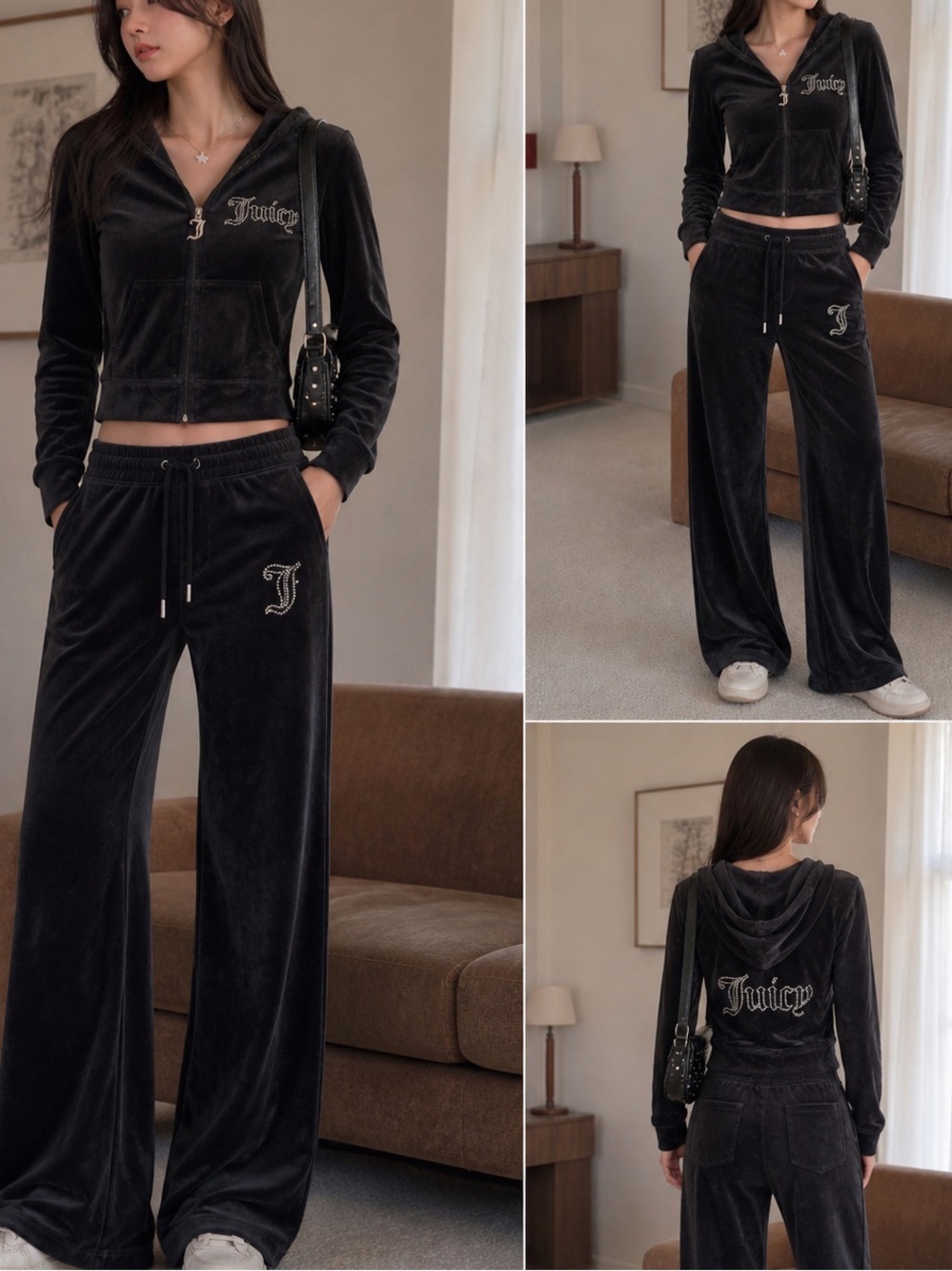 NWT Juicy Couture Black Velour Rhinestone 'Juicy' Logo Cropped Hoodie